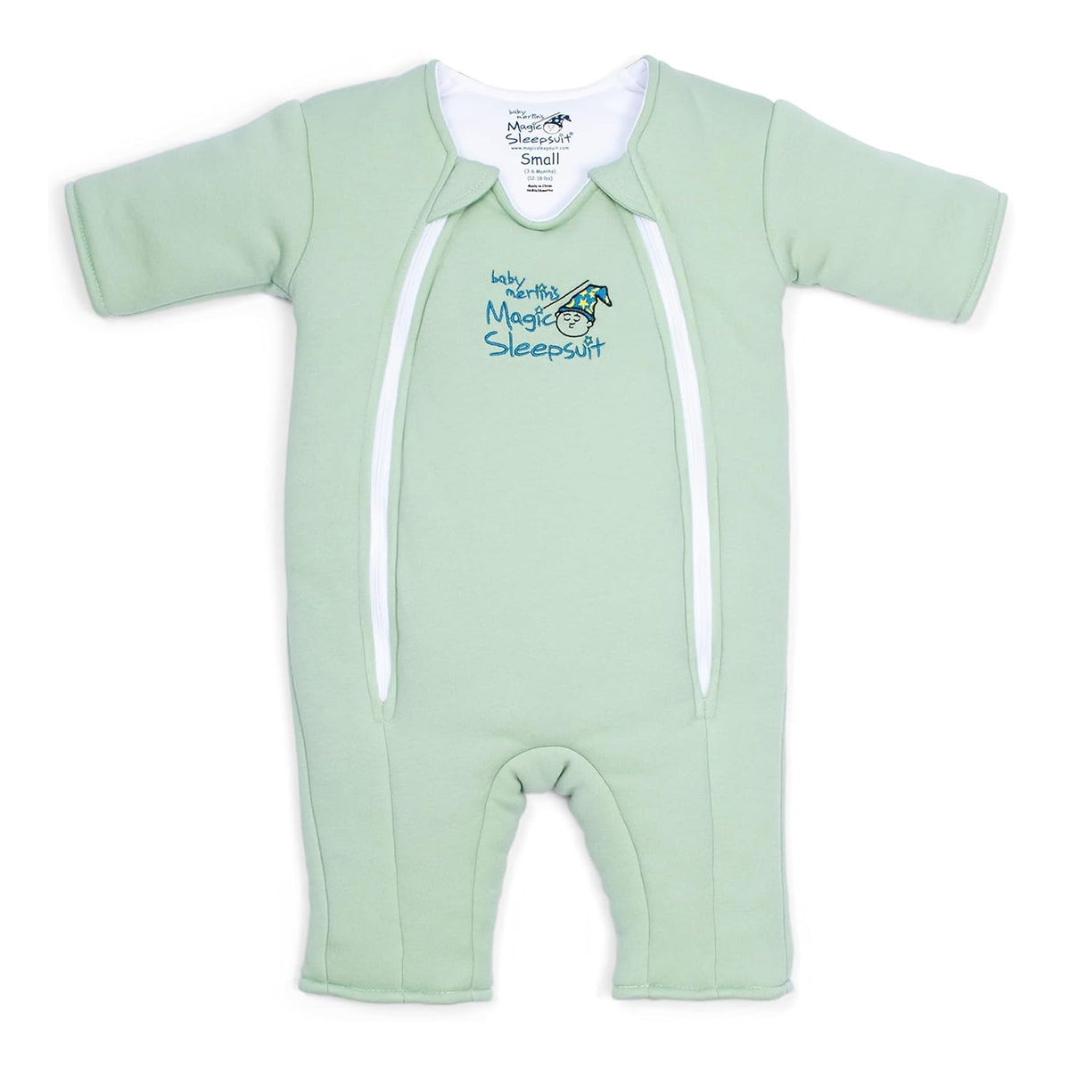Magic Sleepsuit Merlin front view in sage green, showcasing cozy swaddle transition design.