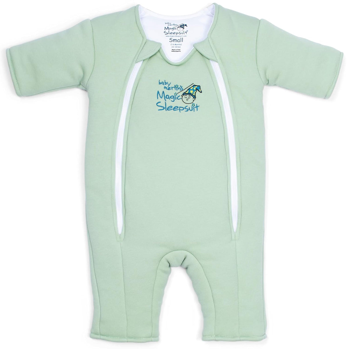 Magic Sleepsuit Merlin's Cotton Swaddle Transition front view in sage green helps calm baby