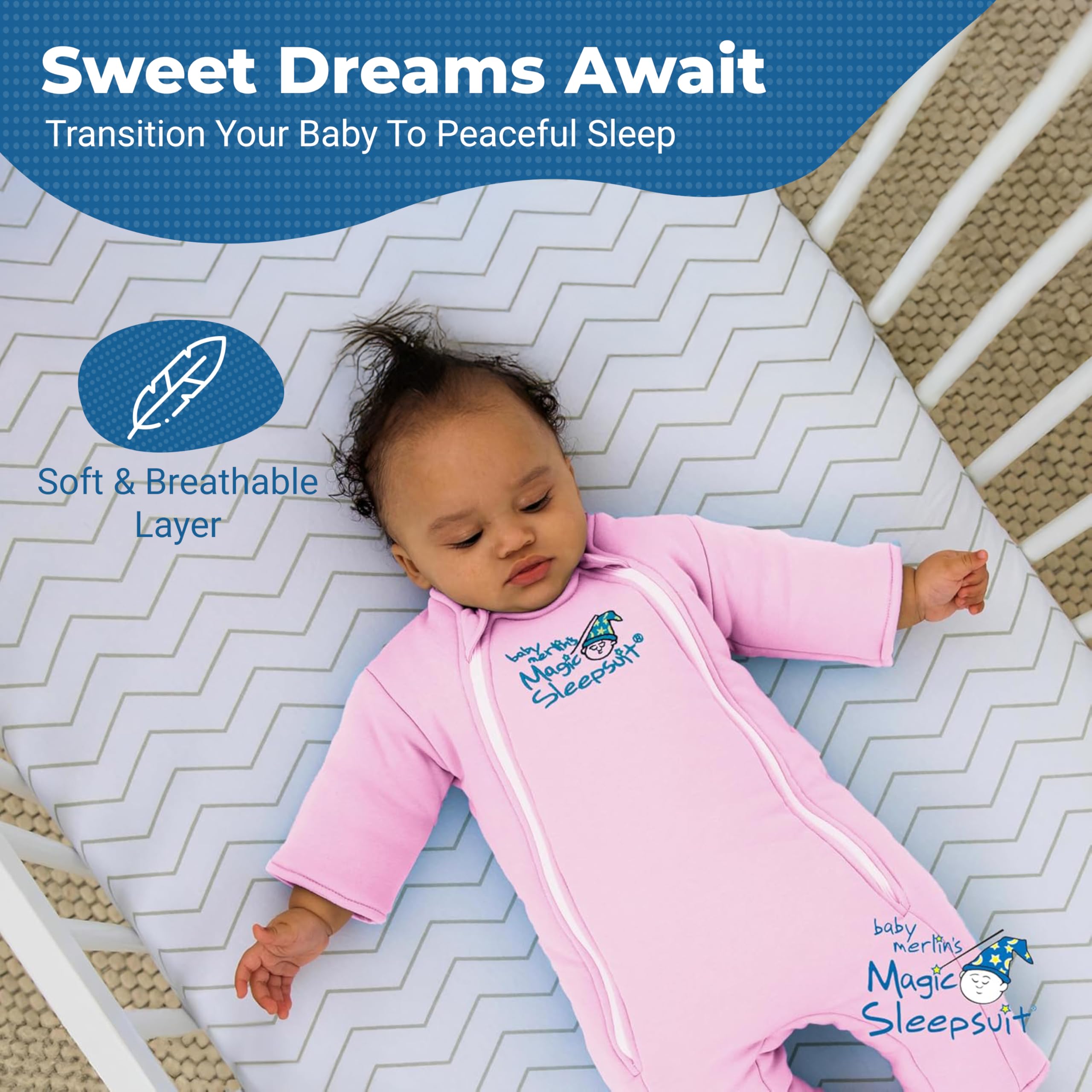 Magic Sleepsuit double-zipper diaper-change access for easier bedtime adjustments.