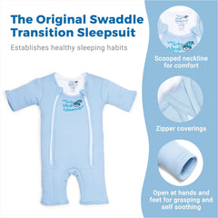 Baby in blue Magic Sleepsuit back sleeping during swaddle transition