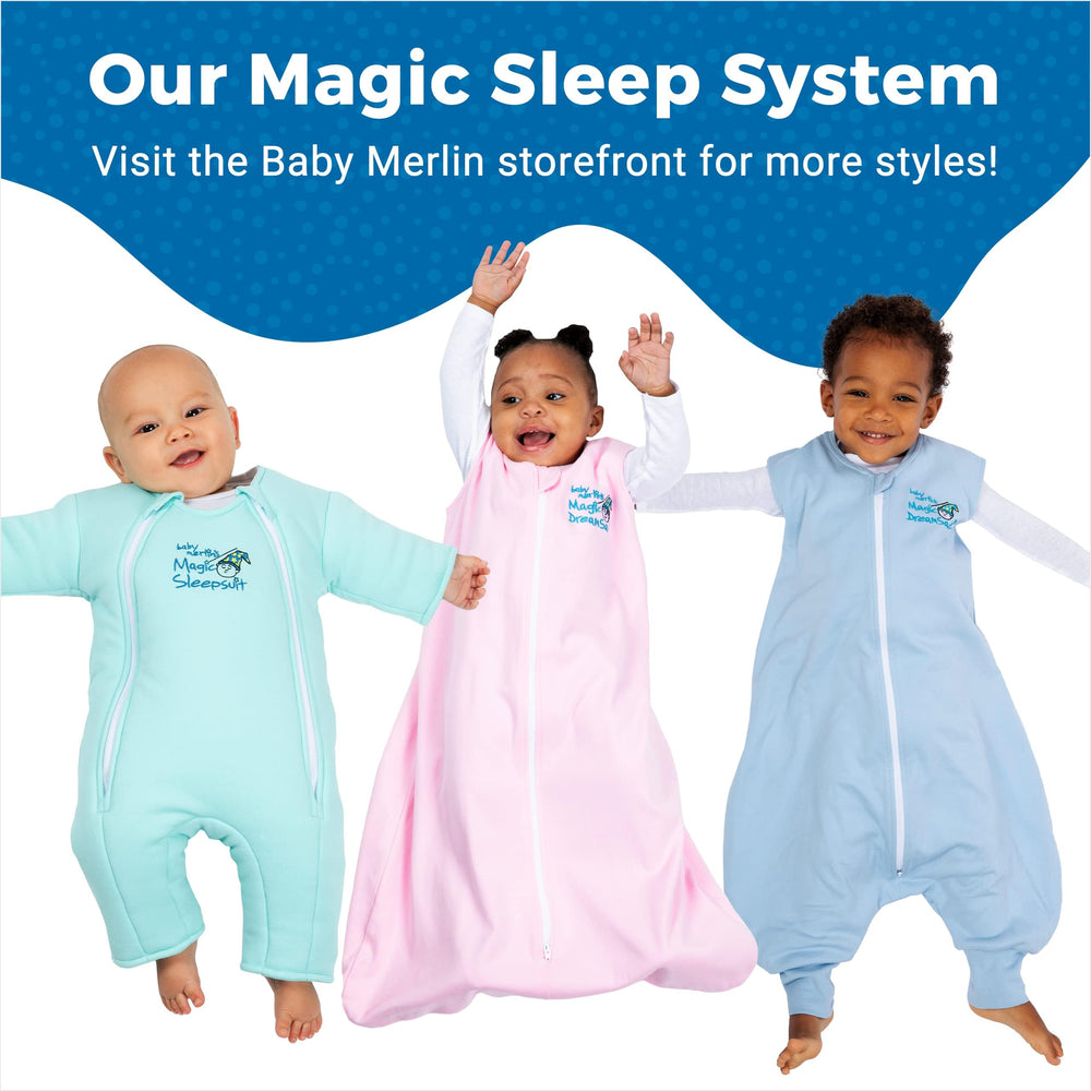 Back sleeping safety with blue Magic Sleepsuit in bare crib