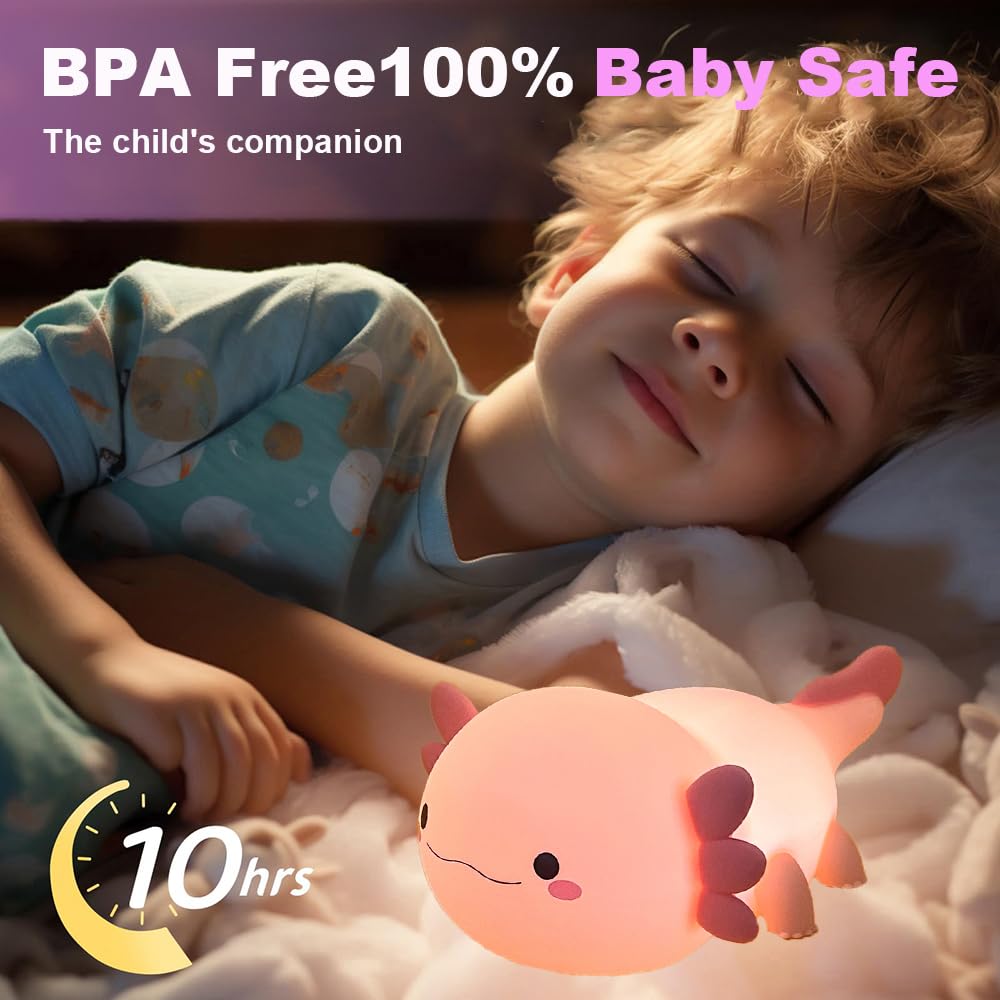 Magical JD Axolotl Night Light in kids' room for safe nighttime companionship.
