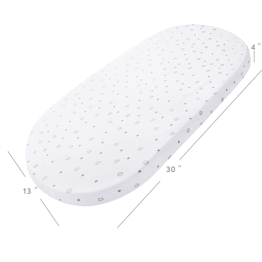 Magik & Kover bassinet sheet for 13x30 mattress pad compatibility.