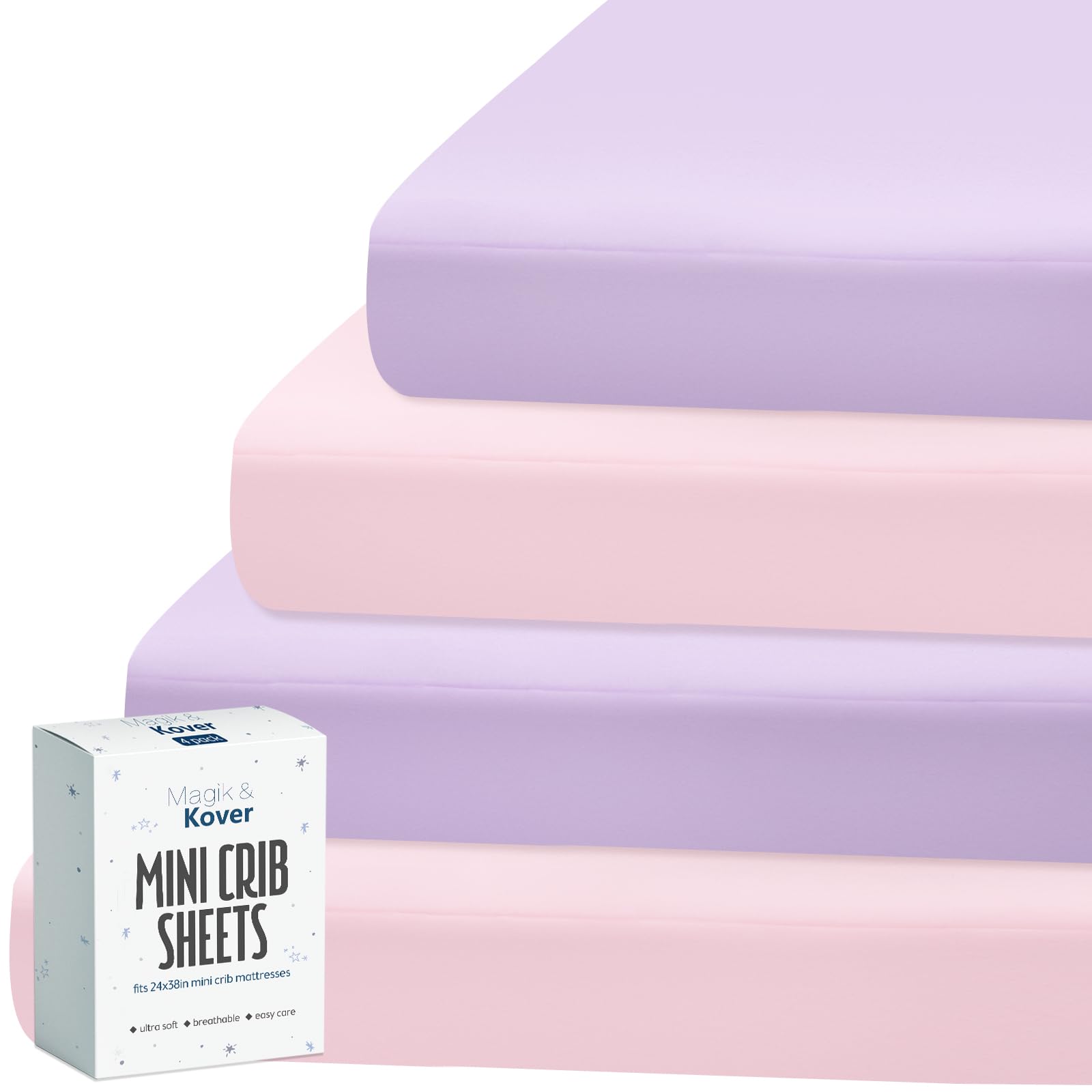 Magik & Kover mini crib sheets in pink and violet 4-pack for cozy baby naps.