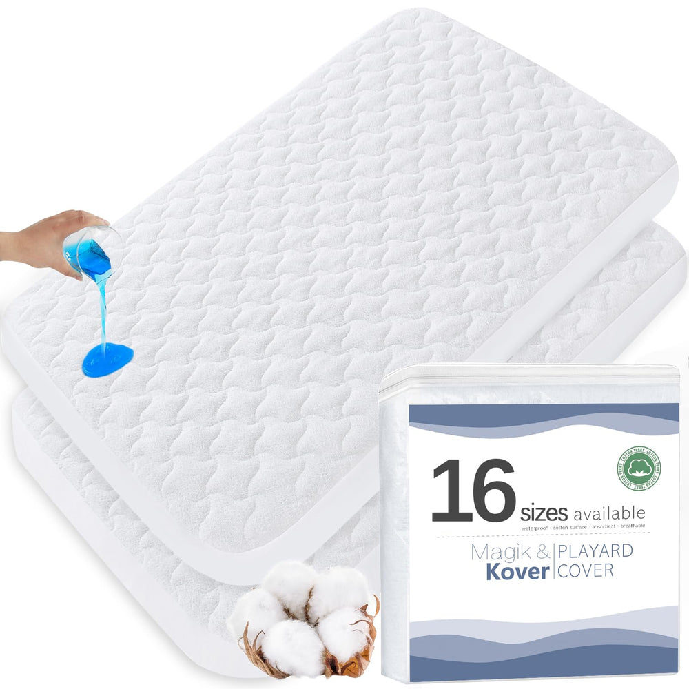 Magik & Kover pack-and-play mattress cover fits a 28.5-in by 41-in surface for a secure, flat nap space.