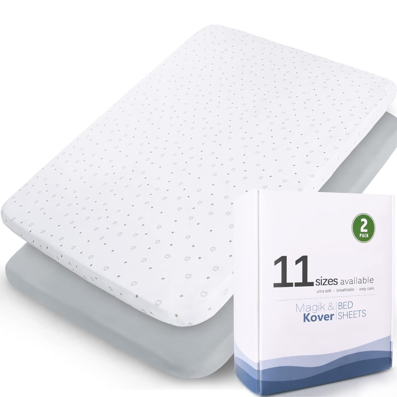 Magik & Kover pack and play sheet in grey-white star pattern fitting 25x36 playards for cozy naps