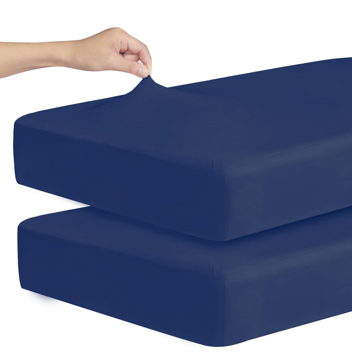 Magik & Kover stretchy crib sheets in navy blue offer soft microfiber comfort.