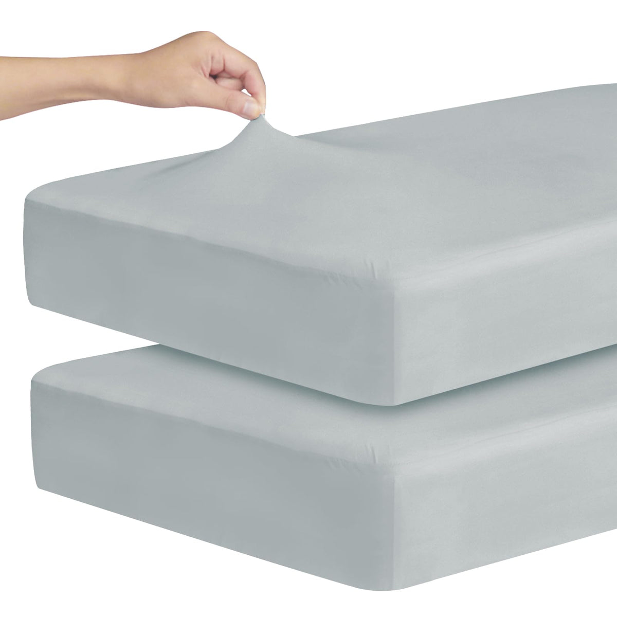 Magik & Kover stretch crib sheets grey two-pack packaging shows convenient set