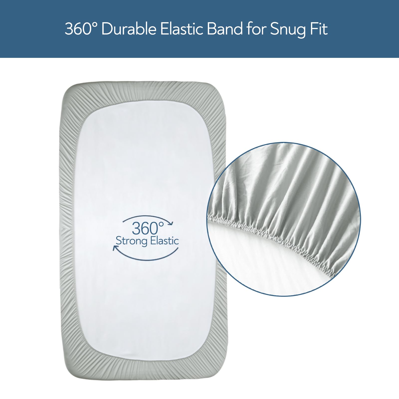 Magik & Kover grey stretch crib sheets on standard crib demonstrate snug fit
