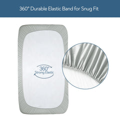 Magik & Kover grey stretch crib sheets on standard crib demonstrate snug fit