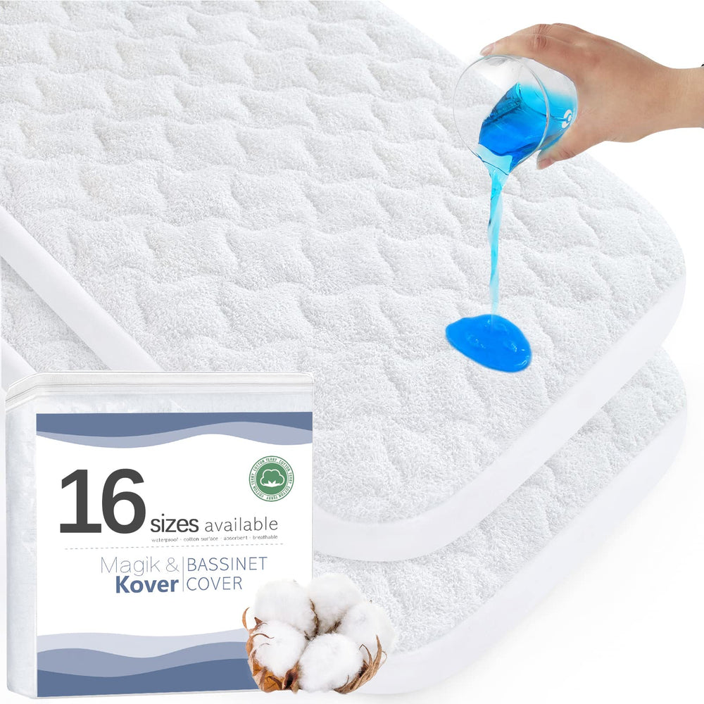 Magik & Kover waterproof bassinet pad cover protects spills on a 23 by 28 inch mattress.