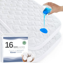Magik & Kover waterproof bassinet pad cover protects spills on a 23 by 28 inch mattress.