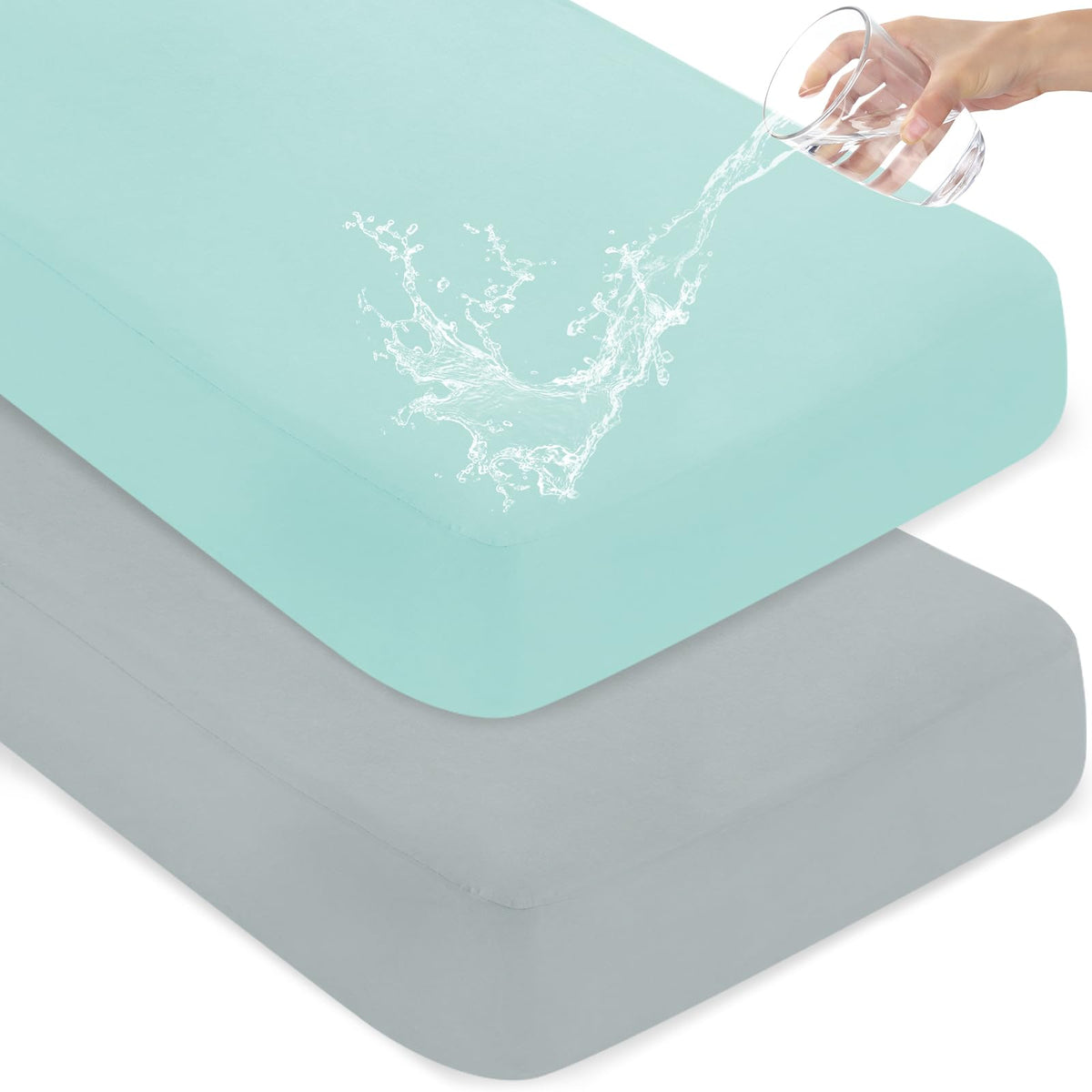 Magik & Kover waterproof crib sheets in gray and aqua blue protect standard crib mattresses from spills.