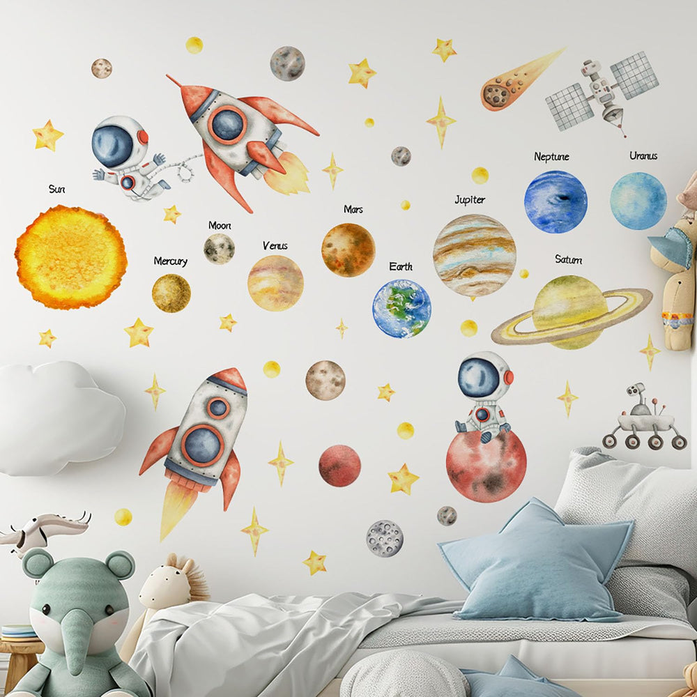 Magimural watercolor astronaut decal: vibrant wall art ideal for a playful nursery.