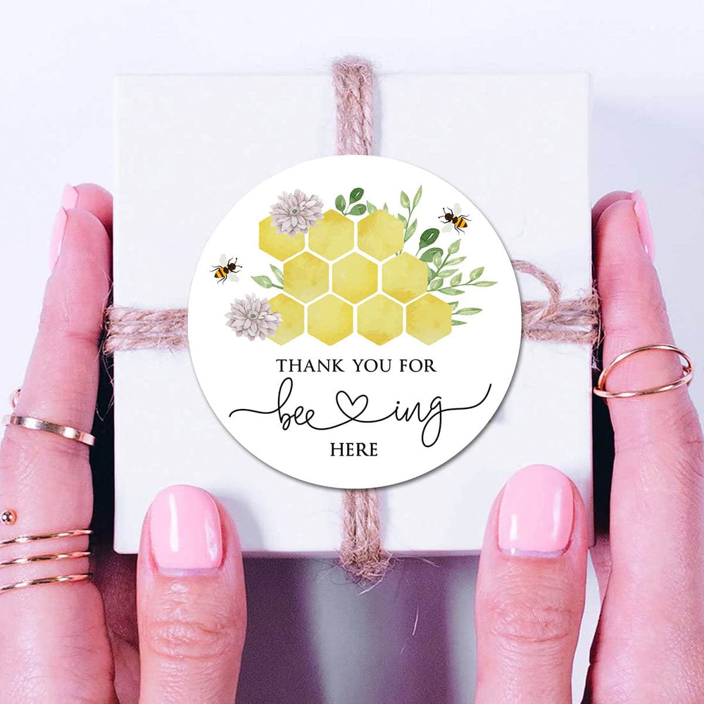 MAGJUCHE Bee Thank You blue round 2-inch sticker ideal for gender reveal decor and gifts.