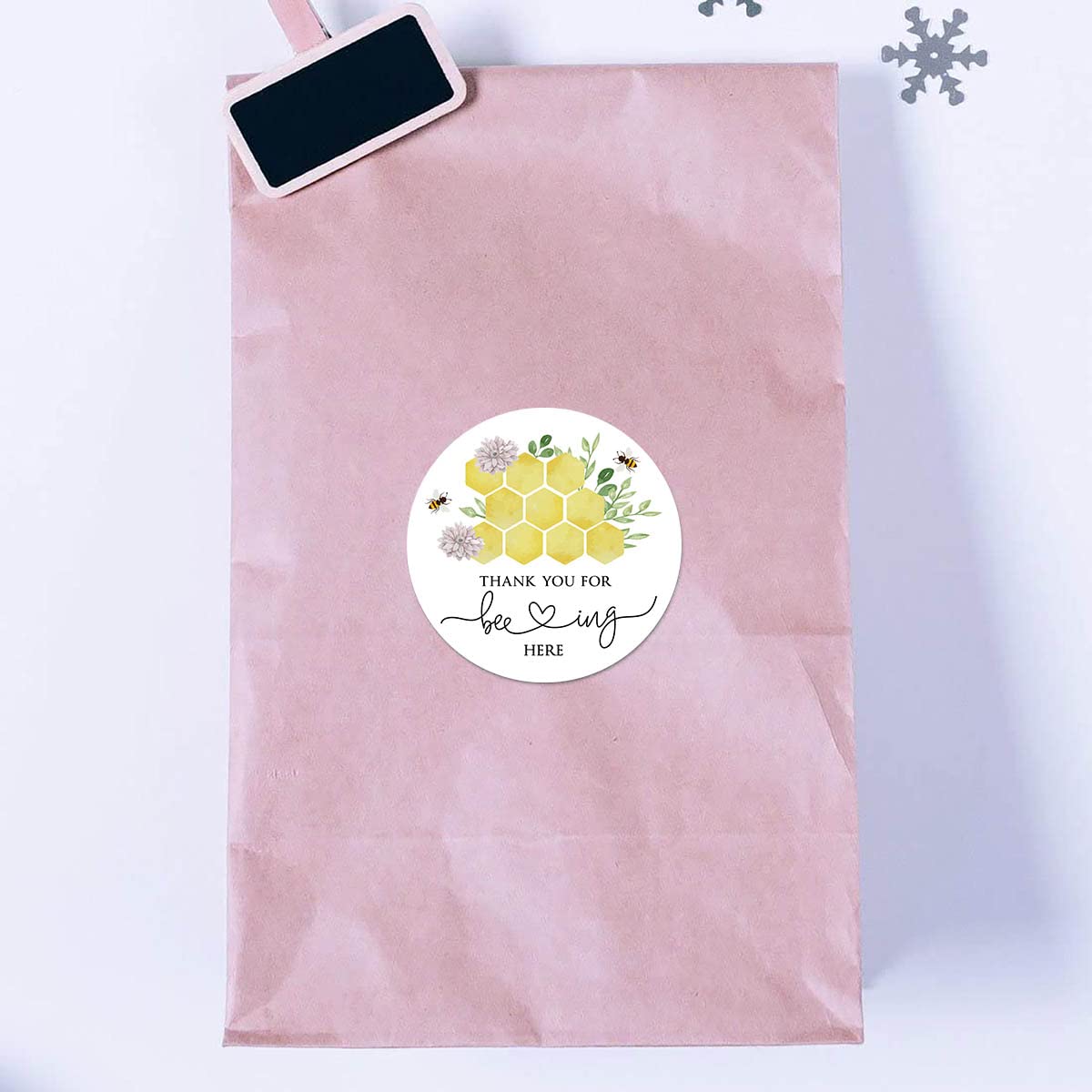 MAGJUCHE Bee Thank You pink round 2-inch sticker perfect for labeling popcorn bags.