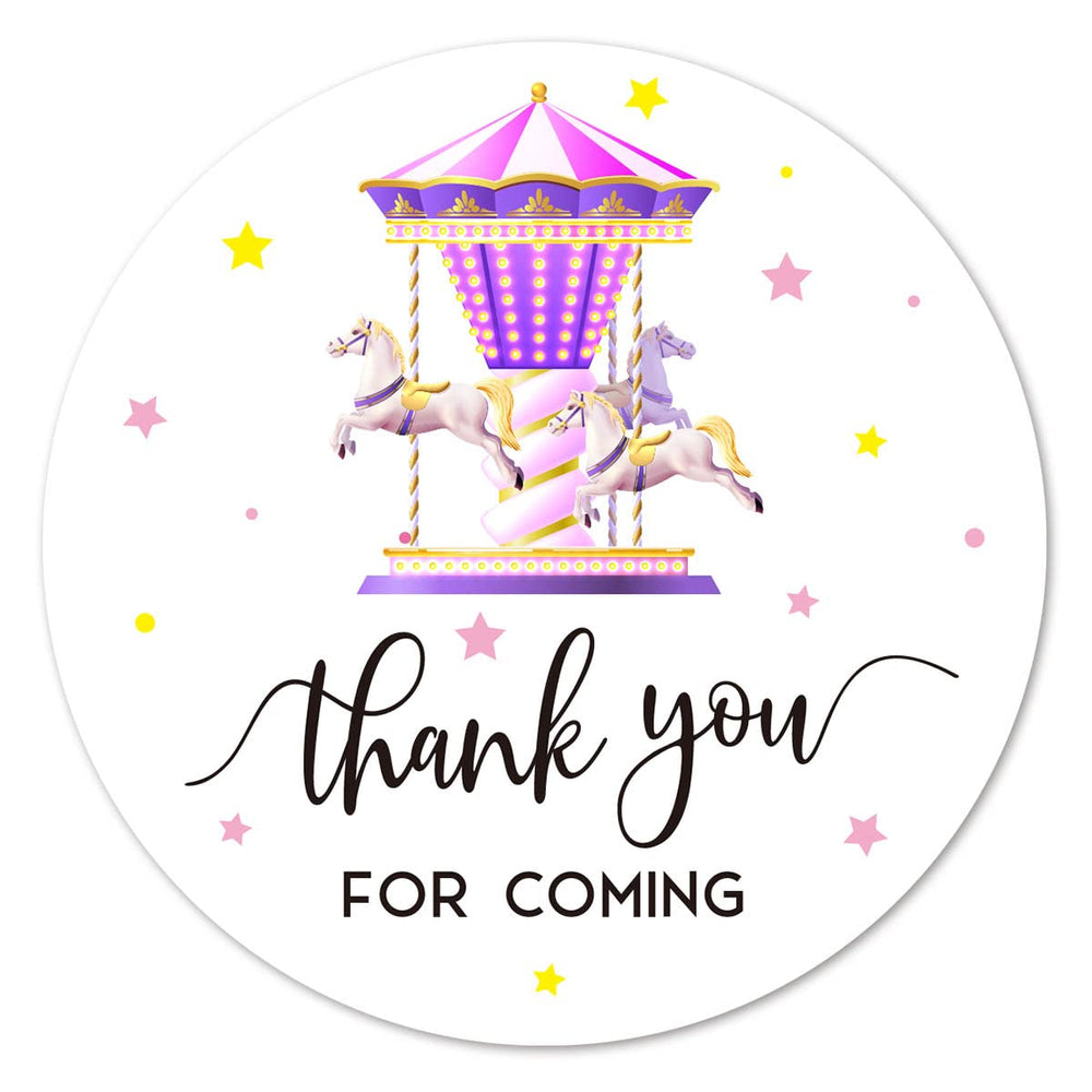 MAGJUCHE Carousel Thank You stickers, 2-inch round, ideal for baby shower favors.