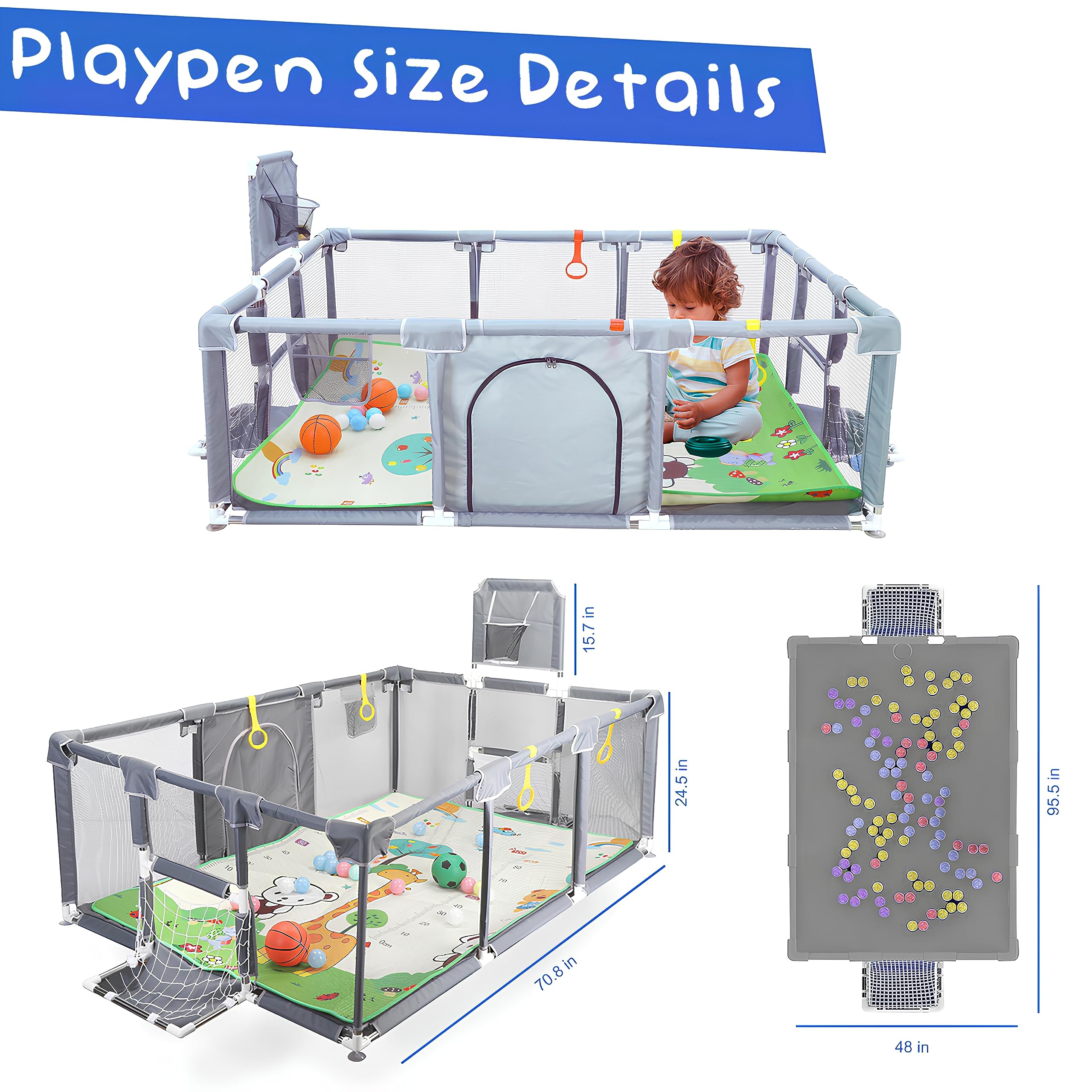 Magnelogy playpen shows four pull-up rings for flexible setup and activities.