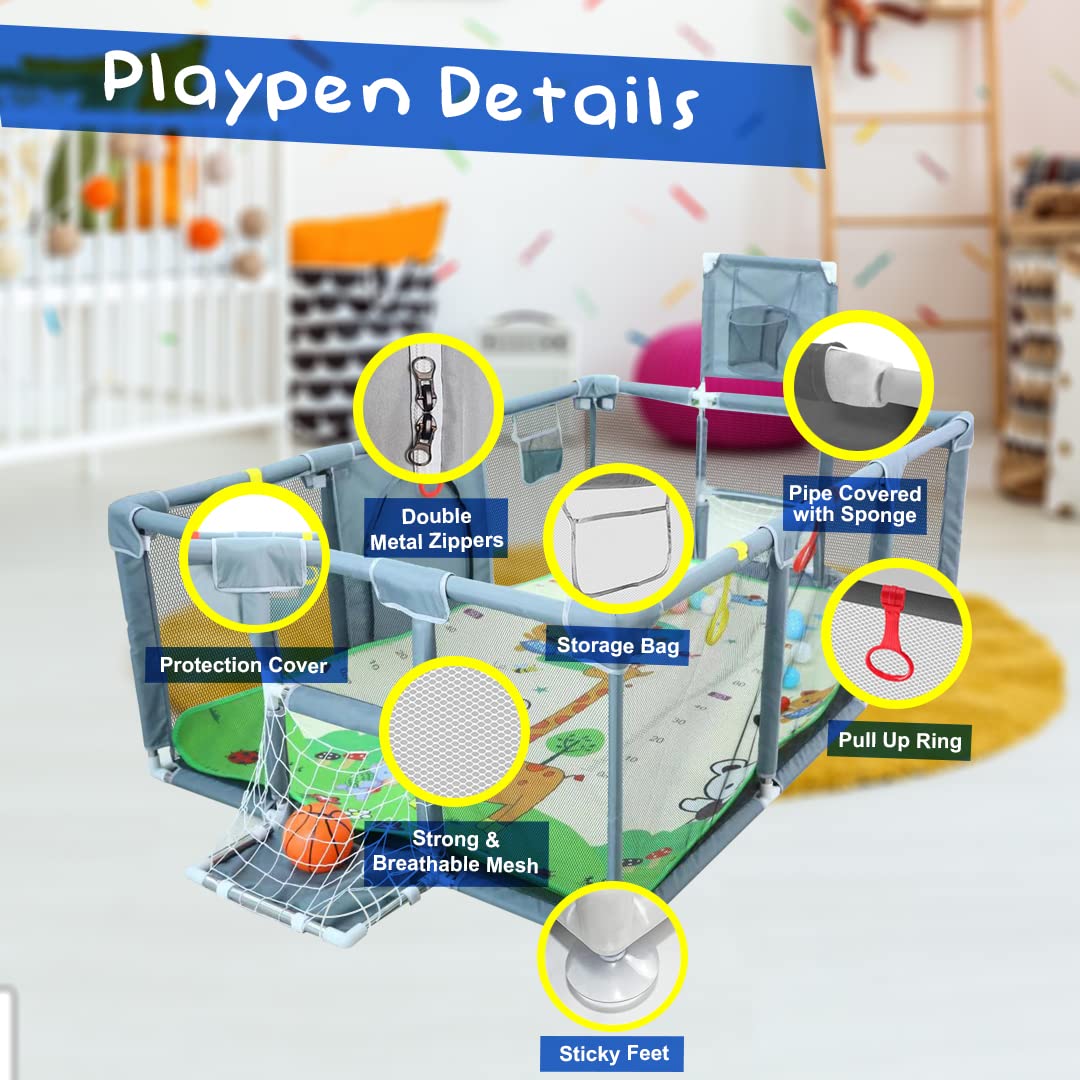 Magnelogy playpen featuring a basketball hoop to encourage active play inside.