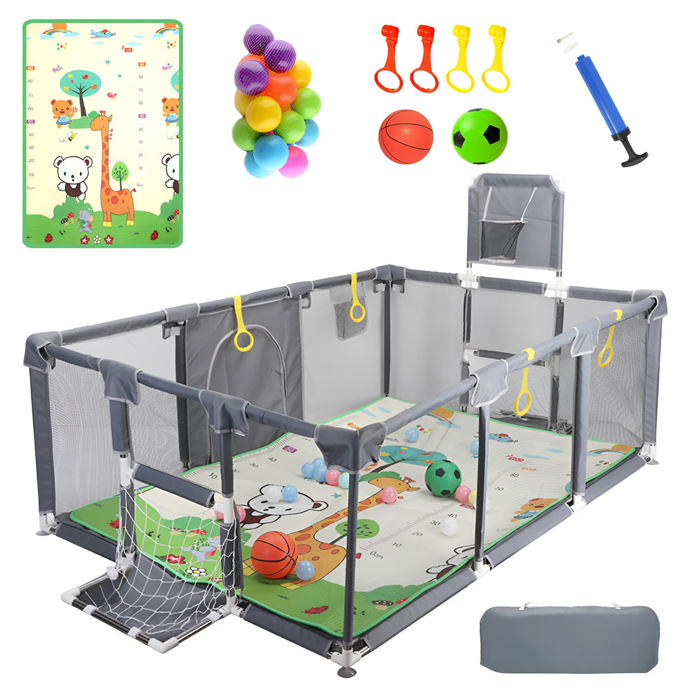 Magnelogy upgraded playpen with thick mat for comfortable indoor play and easy storage.