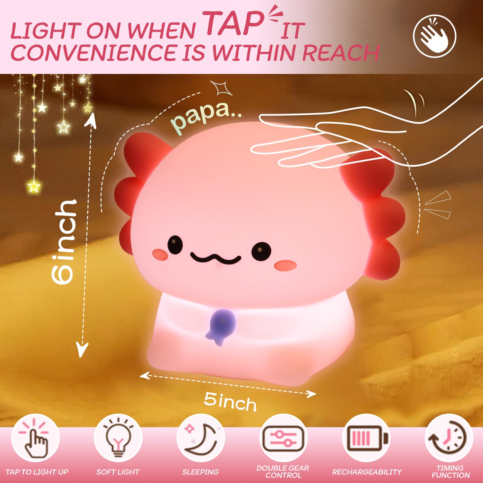 MAGOHMT Axolotl silicone night light safe, squishy, soothing for little hands.
