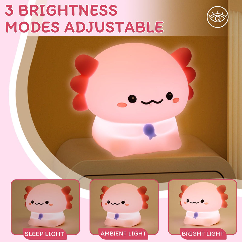 MAGOHMT Axolotl night light charging via USB-C for portable use.