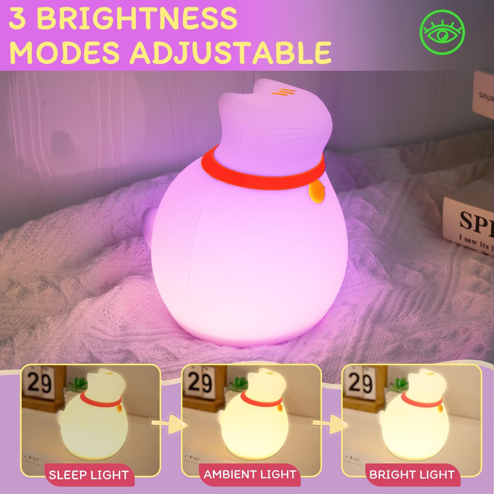 MAGOHMT cat lamp showing three modes for bedtime lighting