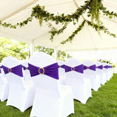 Foldable banquet chairs dressed with MAGTOWNE purple sash for premium look