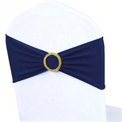 MAGTOWNE navy blue chair sash with gold buckle in 50-pack for events.