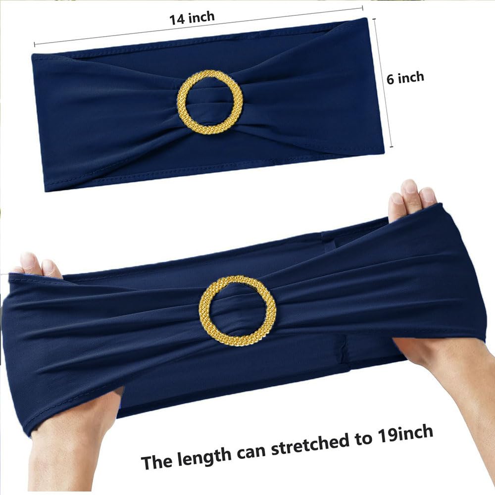 MAGTOWNE navy blue sashes enhance banquet decor for weddings and celebrations.