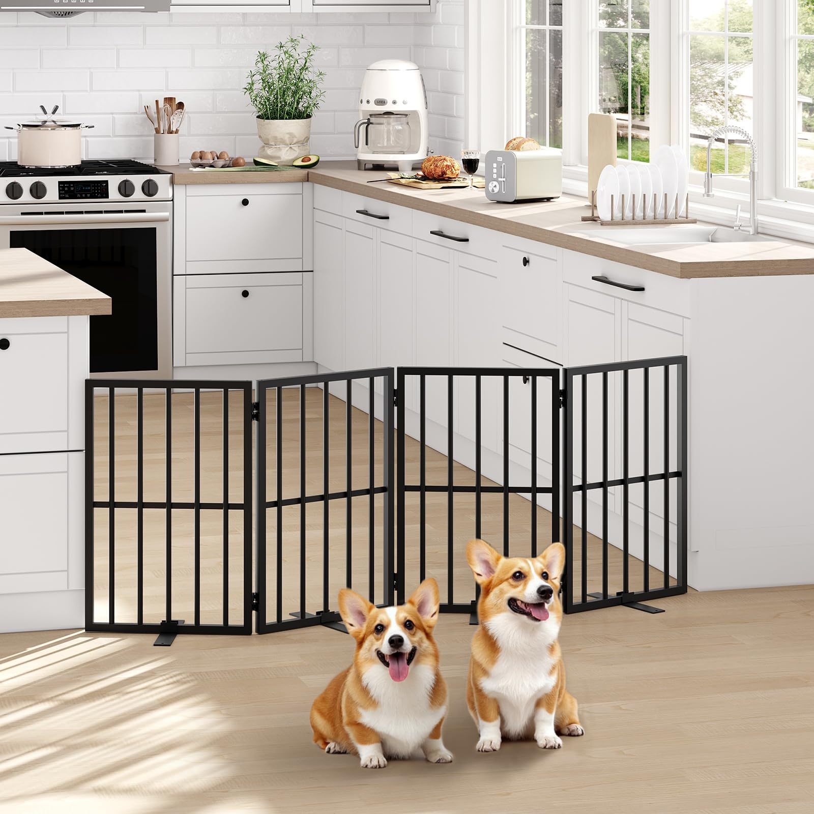 Mahancris dog gate compact folded profile fits in closets or car trunks.