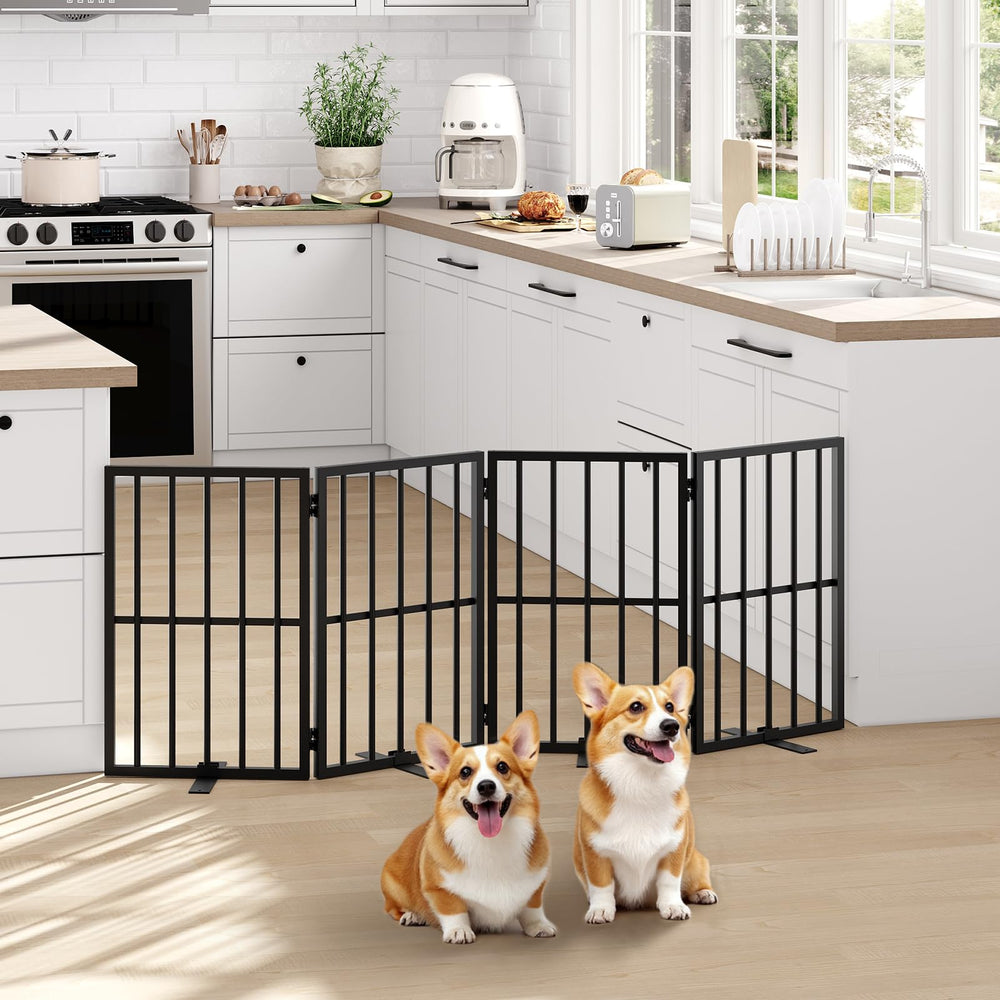 Mahancris dog gate compact folded profile fits in closets or car trunks.