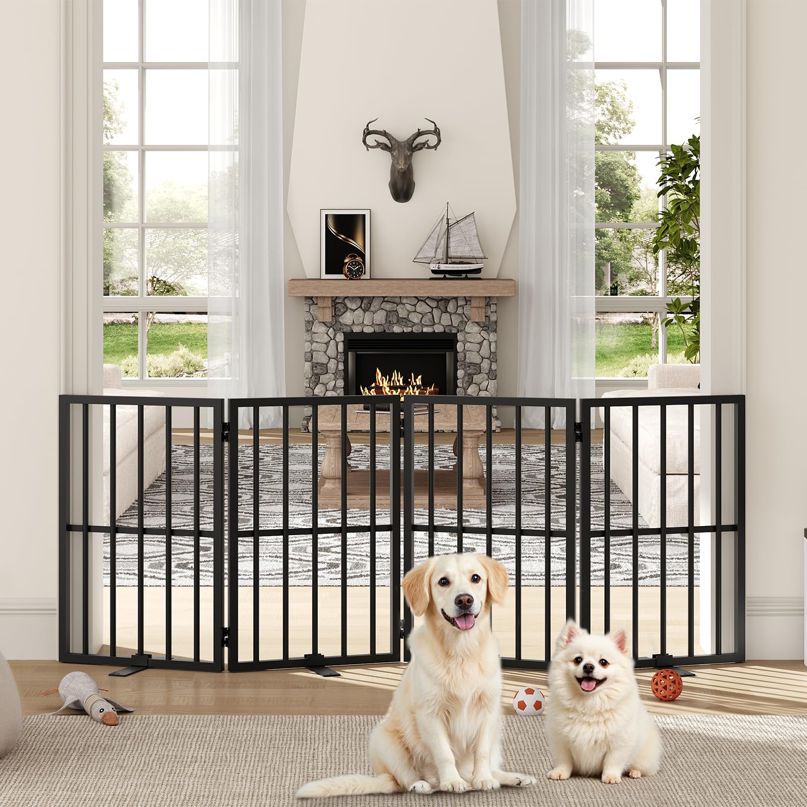 Mahancris dog gate indoors setup demonstrates freestanding, no-drill installation for small pets.
