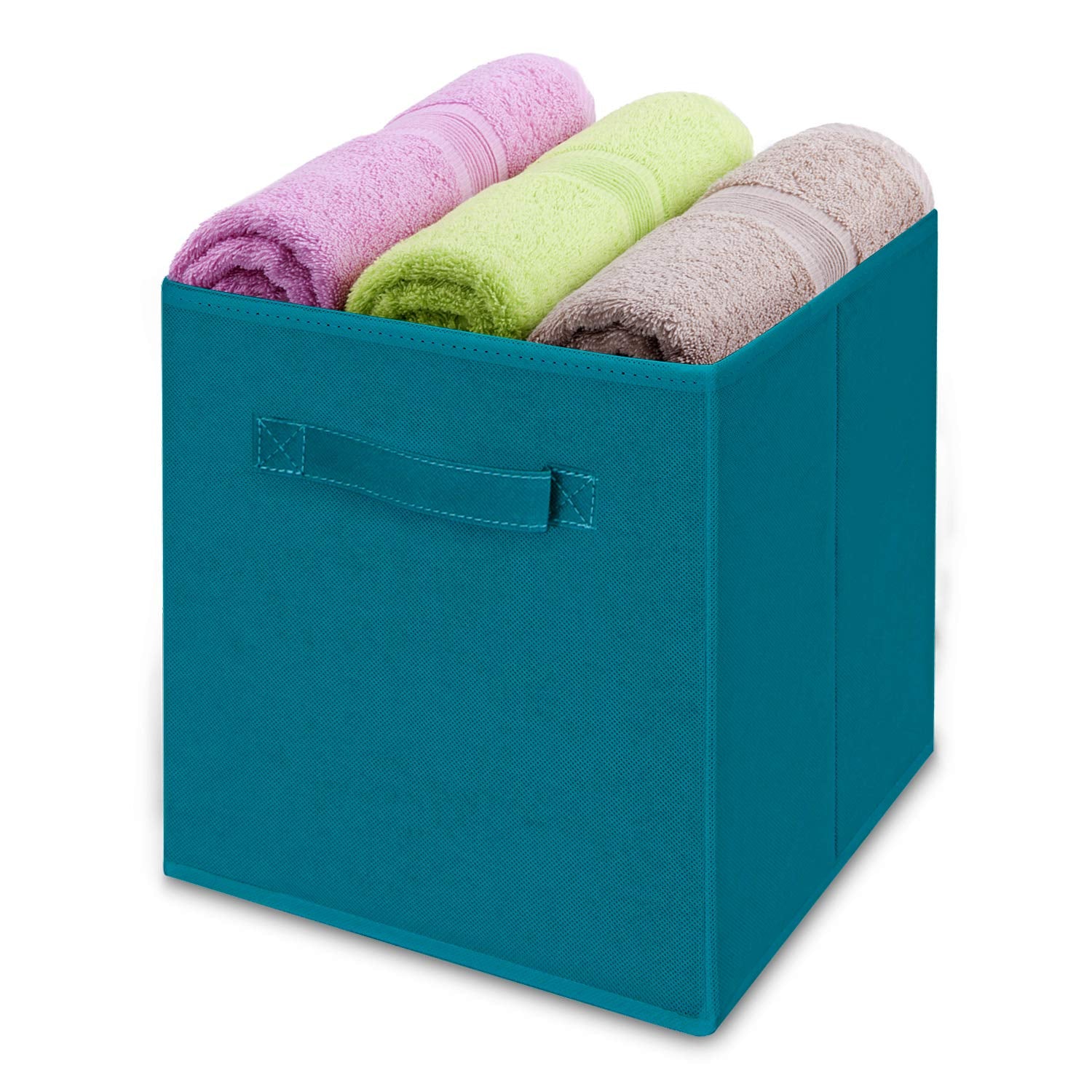MaidMAX collapsible fabric storage organizers with dual handles in teal for easy retrieval