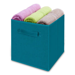 MaidMAX collapsible fabric storage organizers with dual handles in teal for easy retrieval