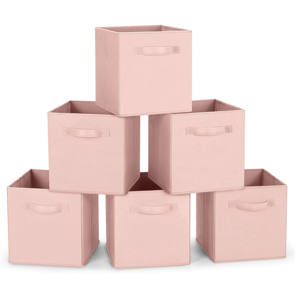 MaidMAX pink fabric storage bin, front view, keeps closet organized.