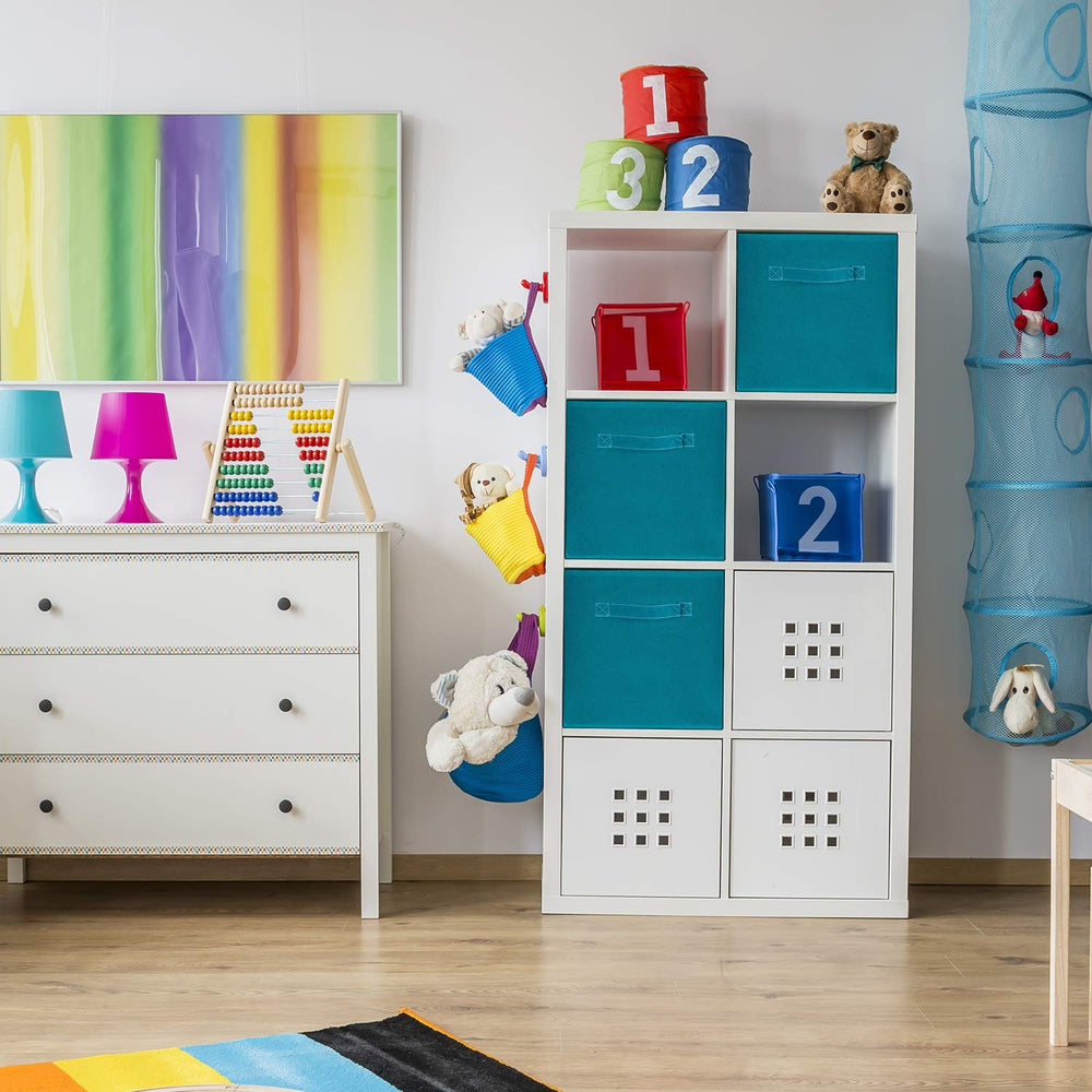 MaidMAX organized nursery, bedroom, or office with teal fabric cubes