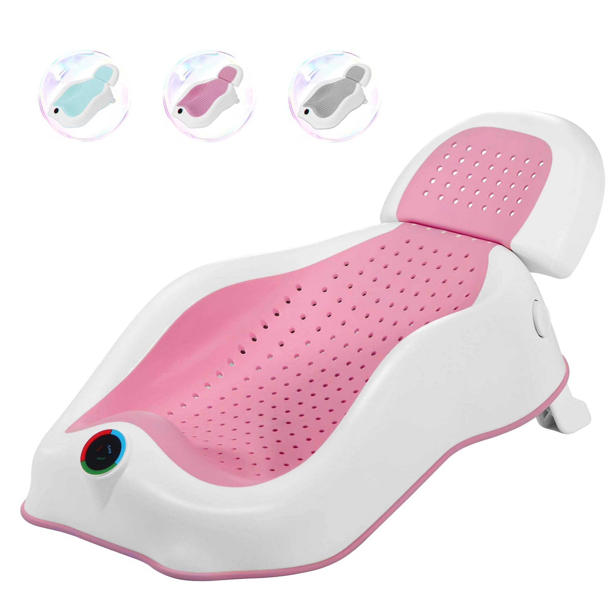 MAIKKB baby bath support with thermometer gently cradles a newborn for safe washing.