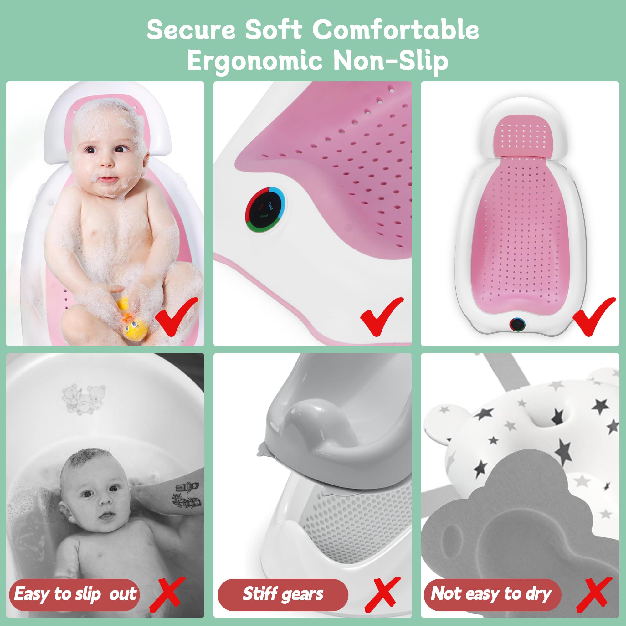 Ergonomic curve supports baby's body to aid comfortable bath time.