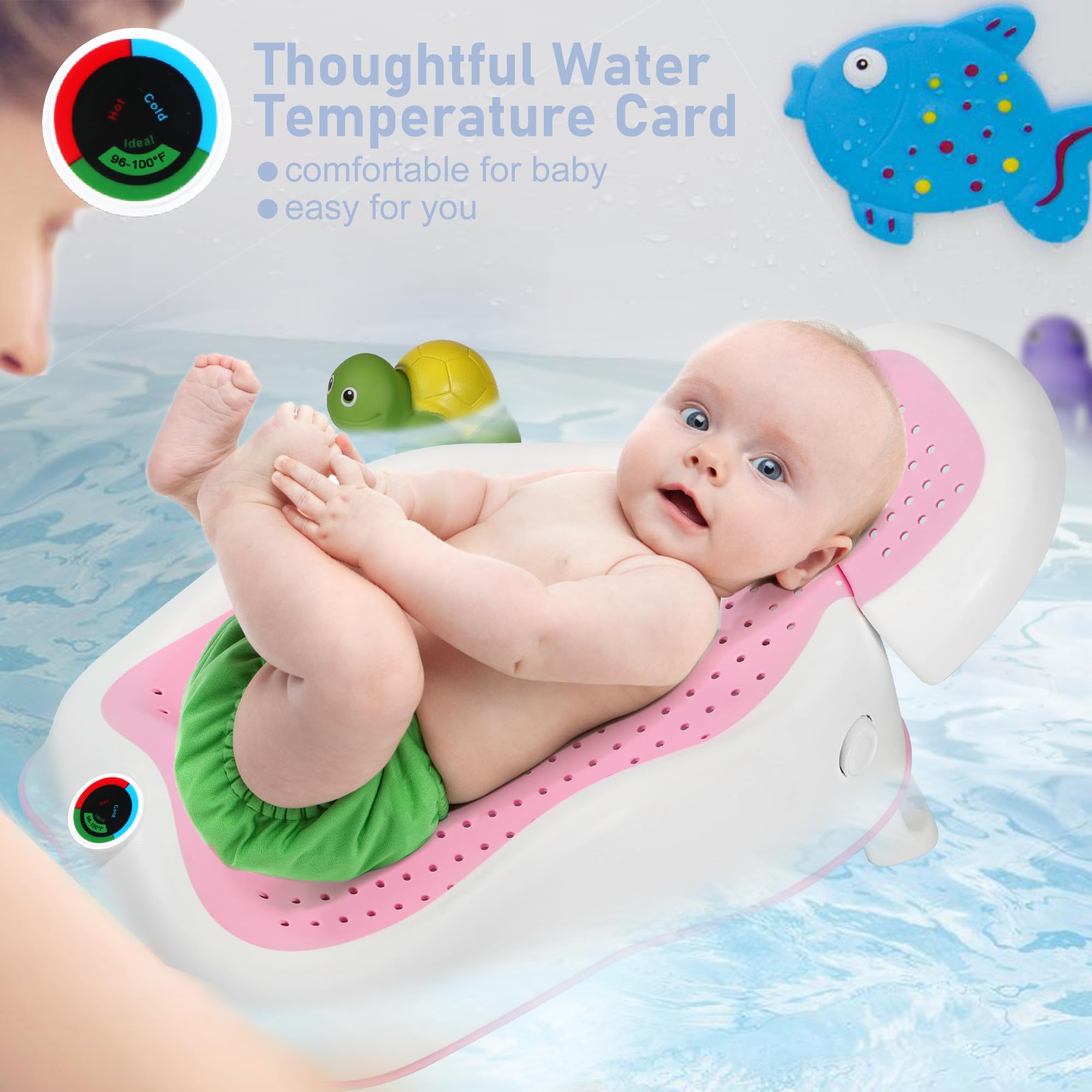 Foldable newborn bath tub saves space and travels easily for on-the-go baths.