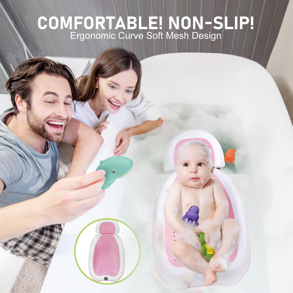 Soft-touch silicone bath seat provides gentle support while washing.