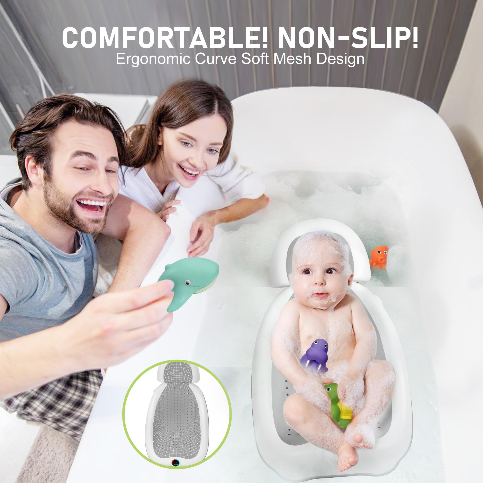 MAIKKB soft silicone bath seat provides gentle support during newborn baths