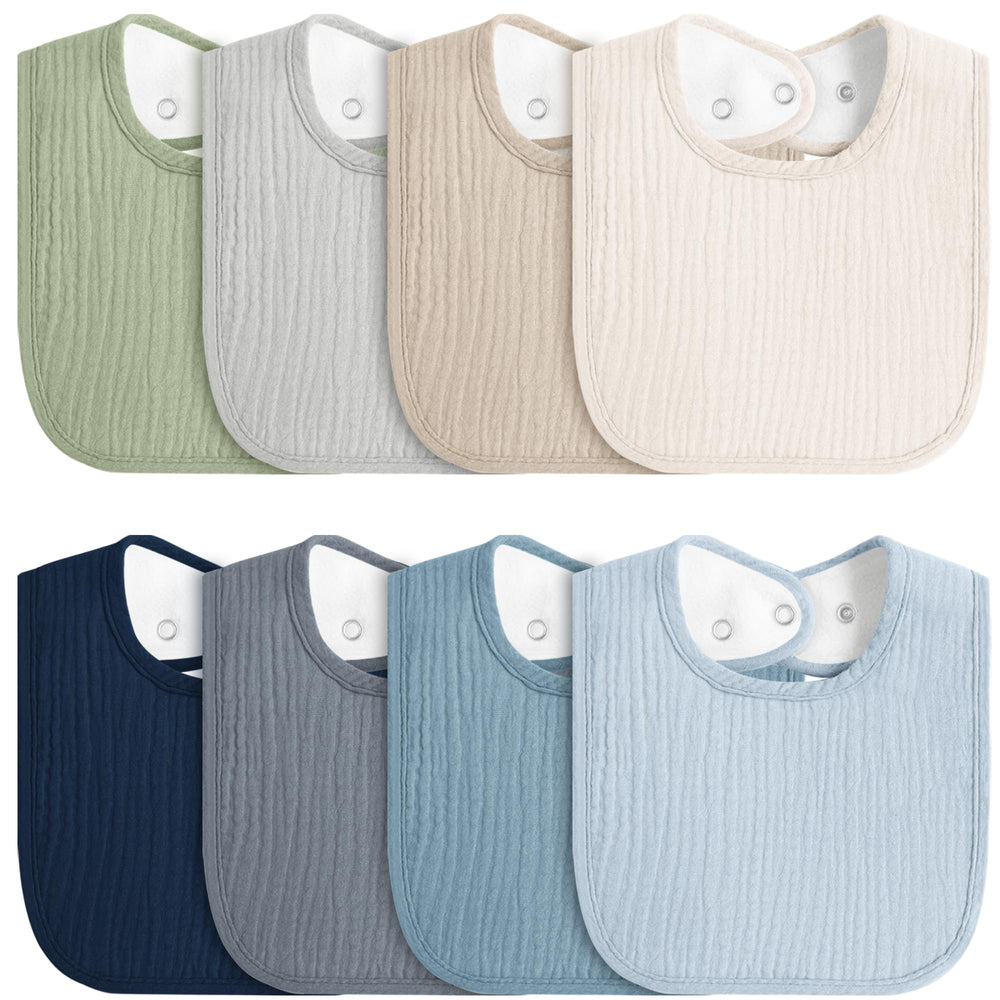 MairMore 8-pack baby muslin bibs in solid colors protect outfits during feeding