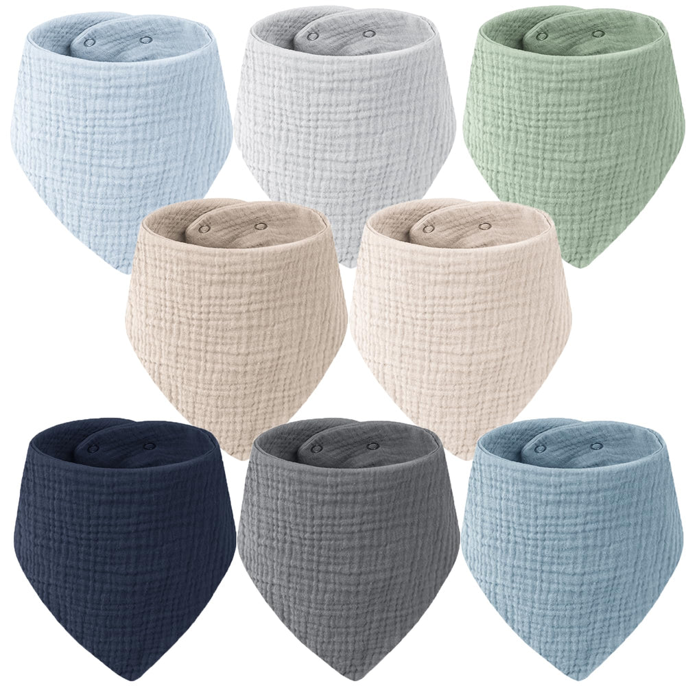 MairMore muslin bandana bibs 8-pack offer soft absorption for daily drool.