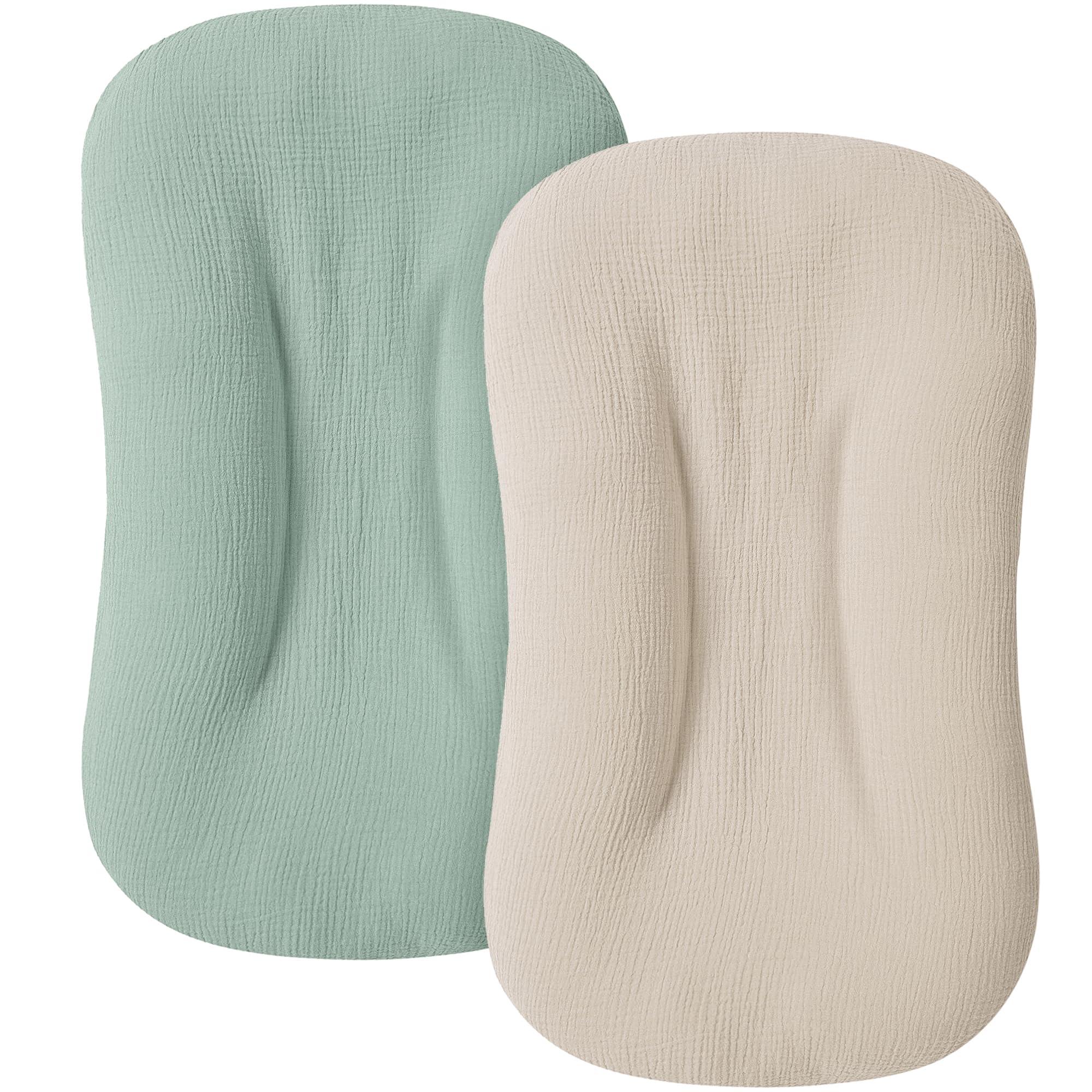 MairMore muslin baby cover for newborn lounger in green and ivory, breathable.