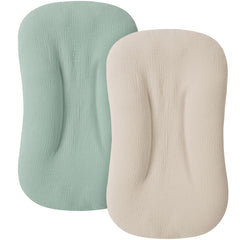 MairMore muslin baby cover for newborn lounger in green and ivory, breathable.