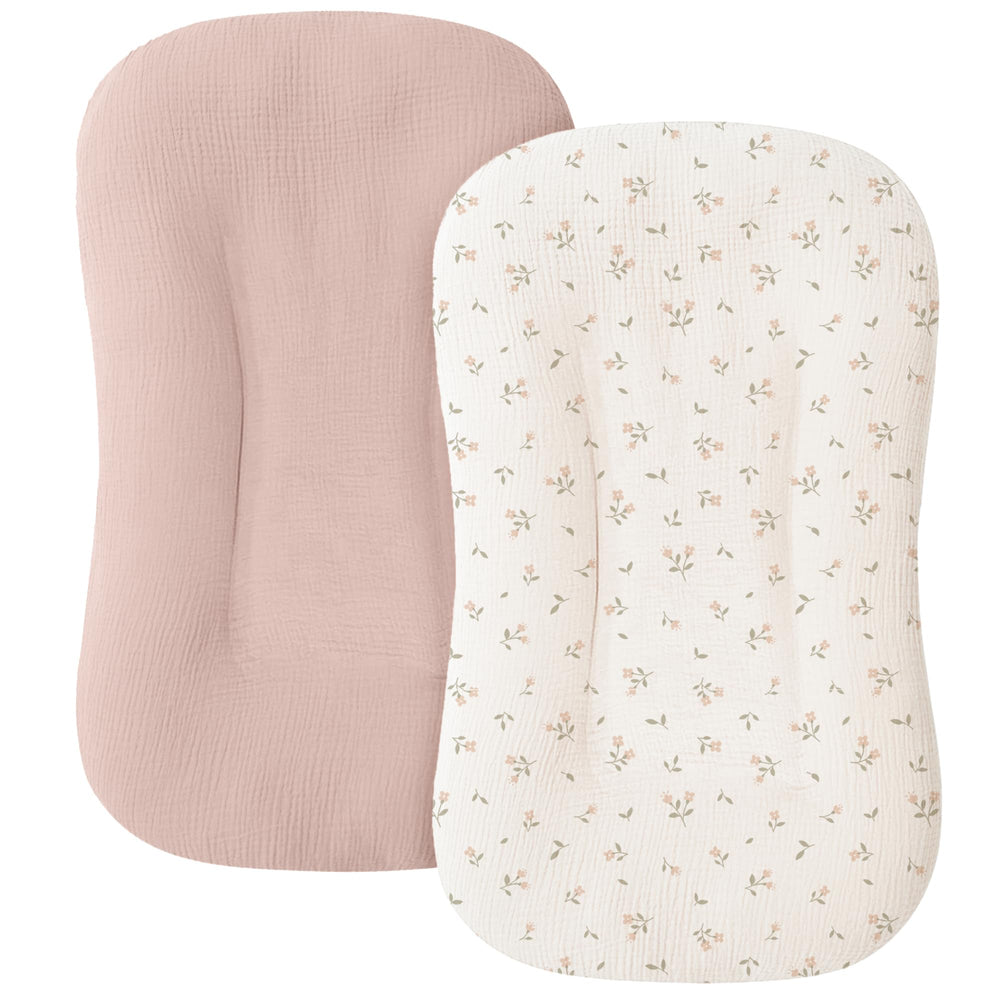 MairMore muslin baby lounger cover pink blossom closeup, extra-soft cotton for gentle baby naps.