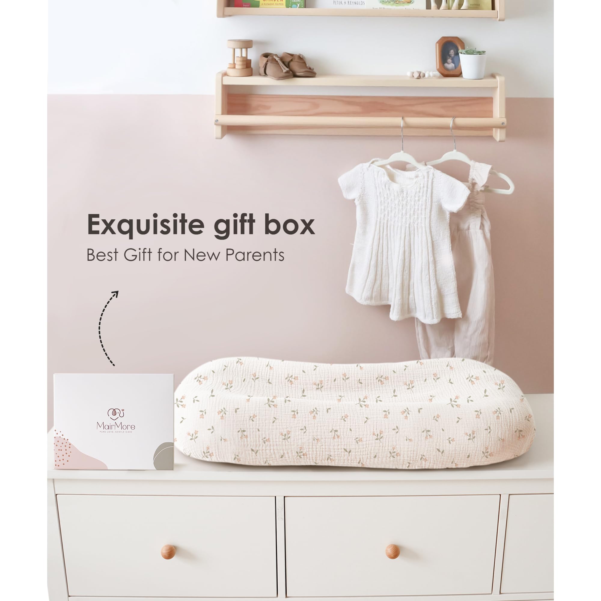 MairMore muslin baby lounger cover pink blossom folded, secure fit and easy cleanup.