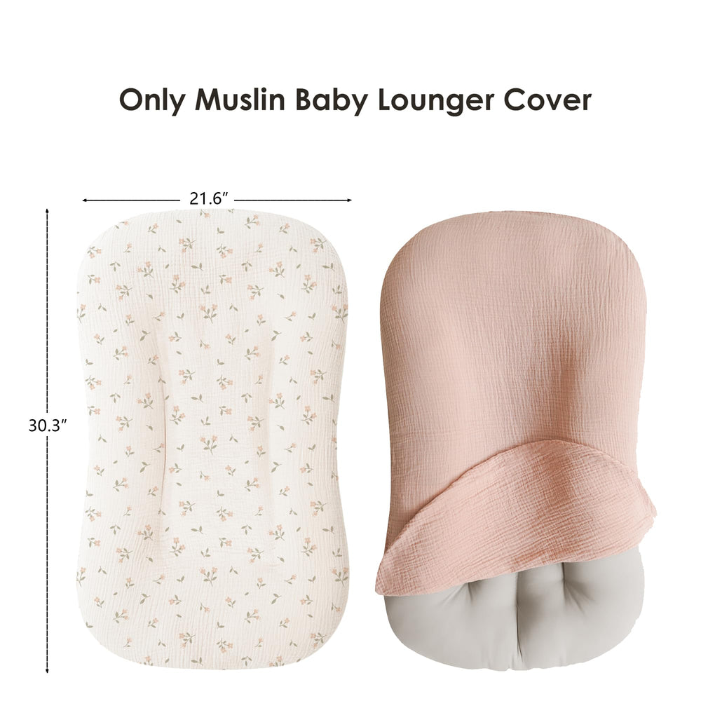 MairMore muslin baby lounger cover pink blossom nursery styling, coordinates with decor while keeping baby comfy.
