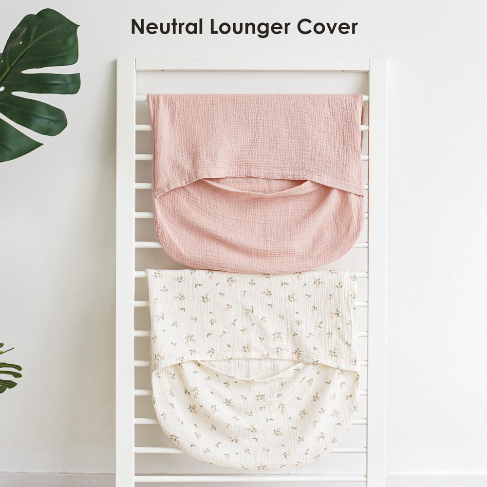 MairMore muslin baby lounger cover pink blossom pack shot, ready for nursery setup and gifting.